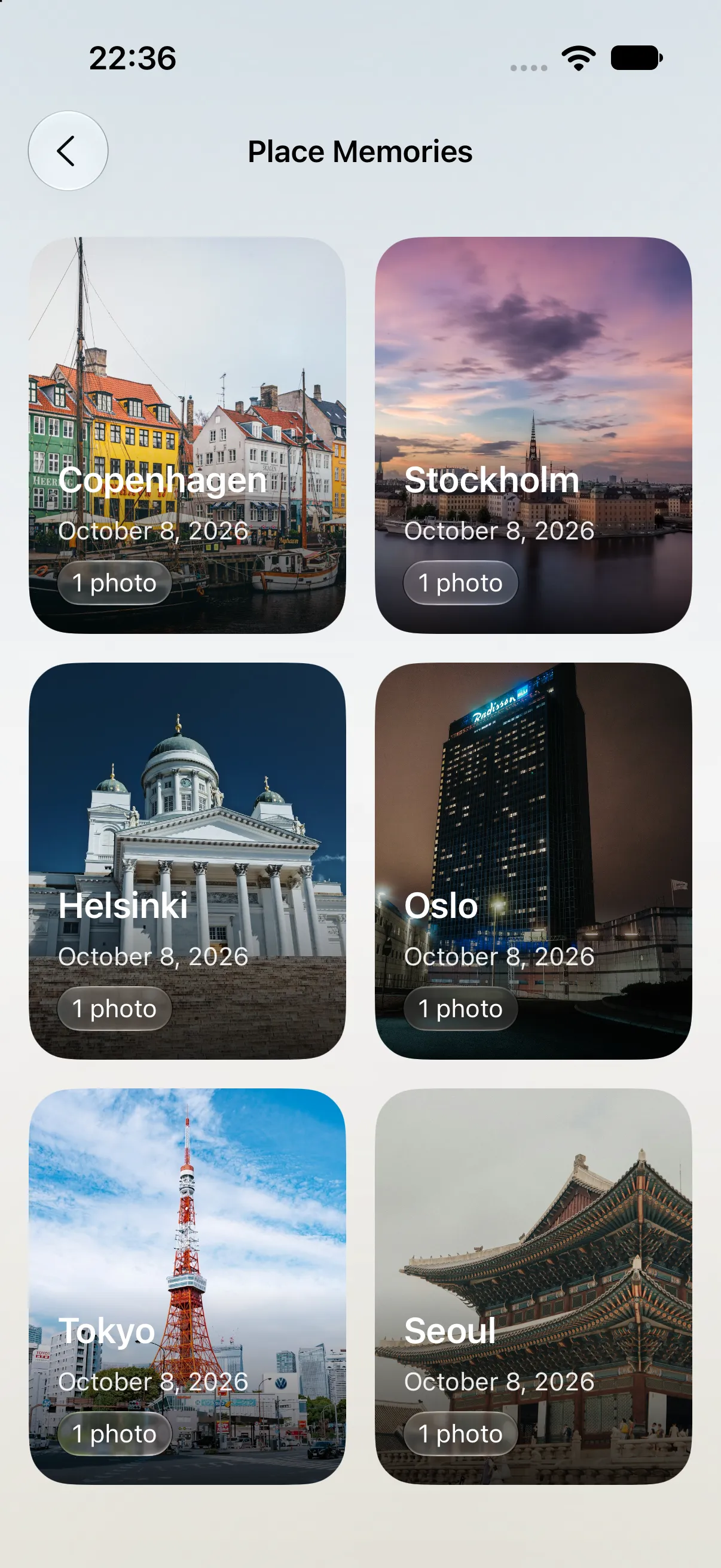 Recap’s city collection directory, with photo covers, city names, capture dates, and photo counts. The locations are demonstration data.